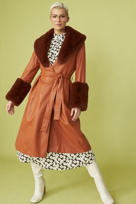 JAYLEY Brown Trench Style Belted Coat With Faux Fur Cuffs And Collar