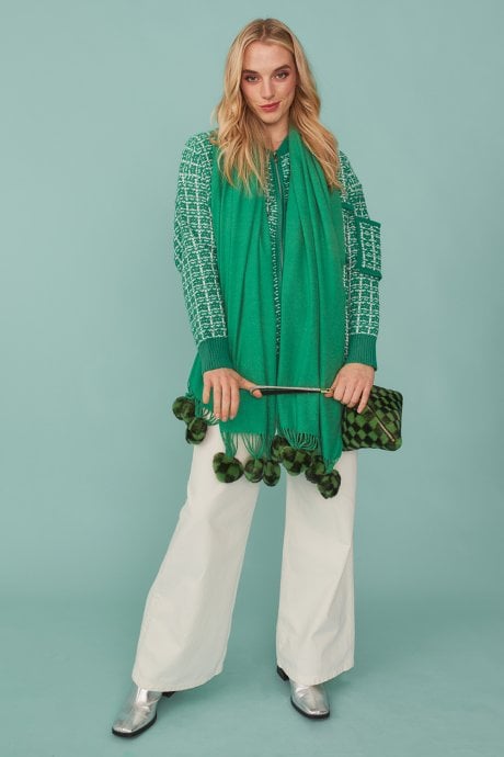 JAYLEY Cashmere Blend Wrap With Green Checkered Poms