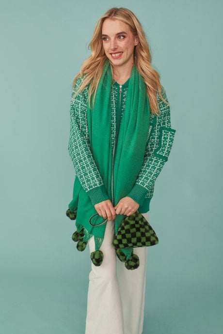 JAYLEY Cashmere Blend Wrap With Green Checkered Poms