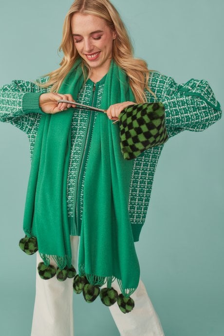 JAYLEY Cashmere Blend Wrap With Green Checkered Poms