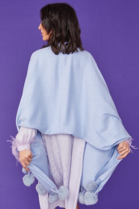 JAYLEY Cashmere Blend Wrap With Love Heart Poms In Baby Blue