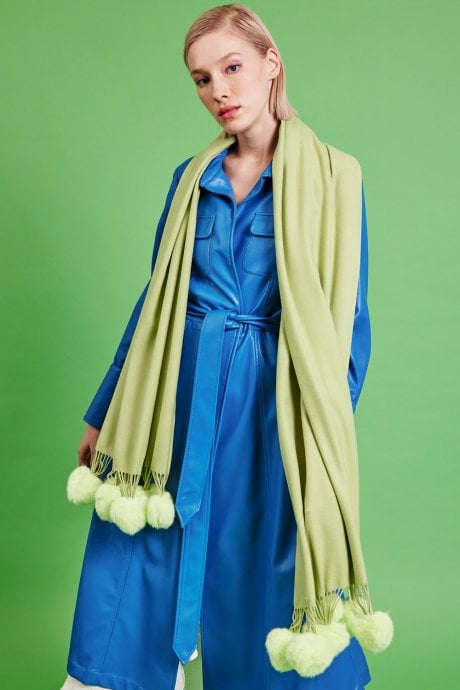 JAYLEY Cashmere blend wrap with love heart poms in Pear Green