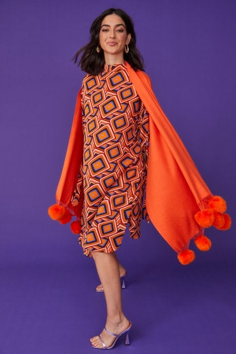 JAYLEY Cashmere Blend Wrap With Love Heart Poms In Orange