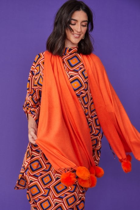 JAYLEY Cashmere Blend Wrap With Love Heart Poms In Orange