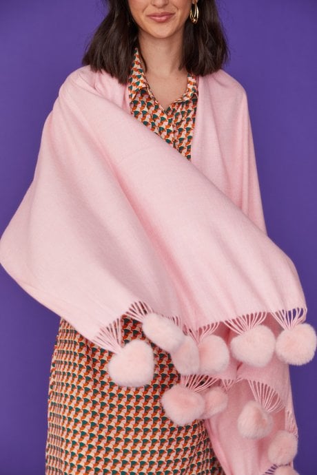 JAYLEY Cashmere Blend Wrap With Love Heart Poms In Pink