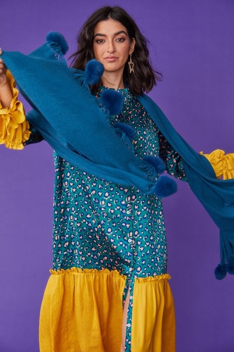 JAYLEY Cashmere Blend Wrap With Love Heart Poms In Teal