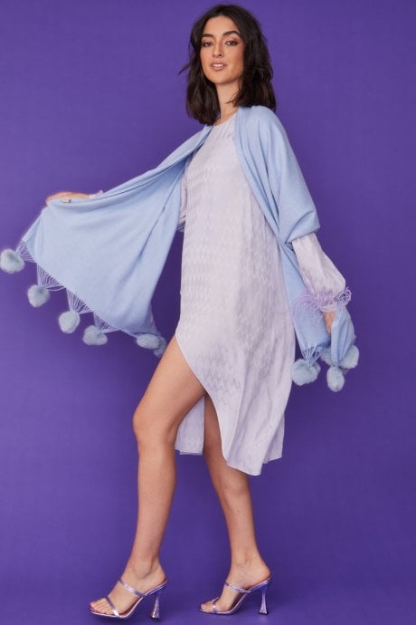 JAYLEY Cashmere blend wrap with love heart poms in baby blue