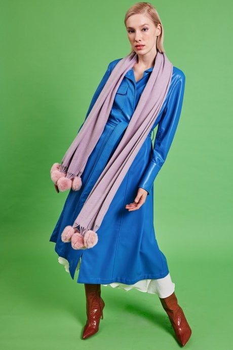 JAYLEY Cashmere Blend Wrap With Mocha Checkered Poms