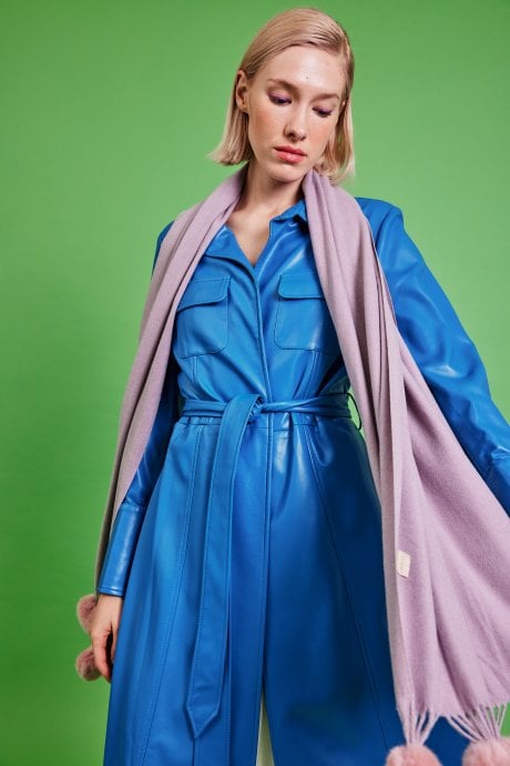 JAYLEY Cashmere Blend Wrap With Mocha Checkered Poms