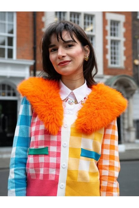 JAYLEY Cashmere Gingham Banana Peel Faux Fur Cardigan