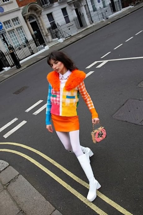 JAYLEY Cashmere Gingham Banana Peel Faux Fur Cardigan