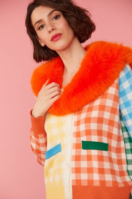 JAYLEY Cashmere Gingham Banana Peel Faux Fur Cardigan