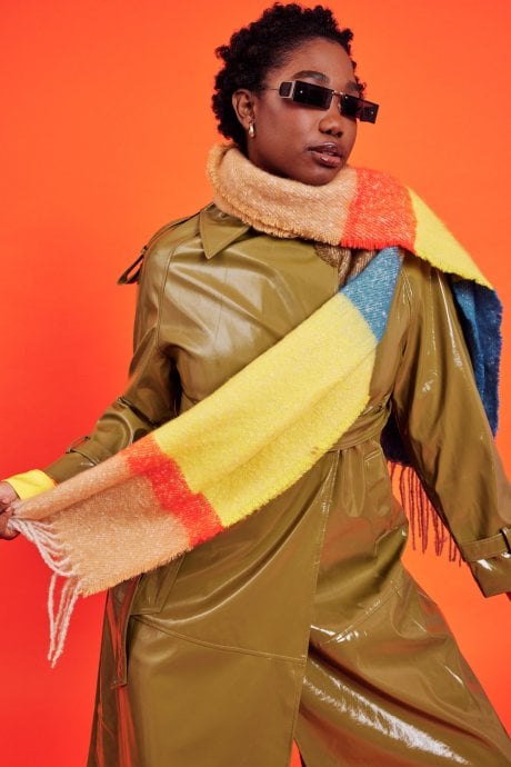 JAYLEY Cashmere Oversized Striped Scarf in Yellow and Blue