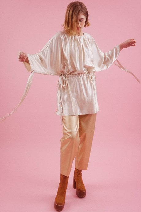 JAYLEY Champaign Silk Blend Top With Tie Waist Detail