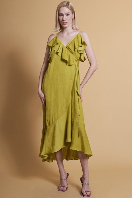 JAYLEY Chartreuse Silk Blend Maxi Ruffle Wrap Dress