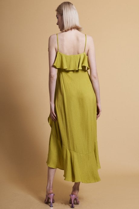 JAYLEY Chartreuse Silk Blend Maxi Ruffle Wrap Dress