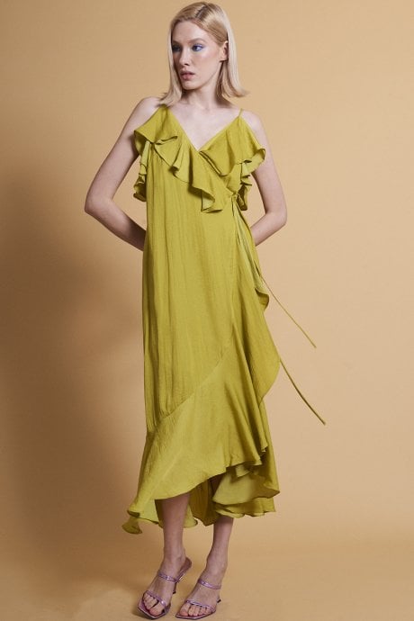 JAYLEY Chartreuse Silk Blend Maxi Ruffle Wrap Dress