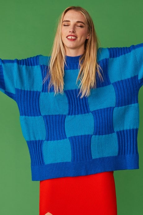 JAYLEY Check Cashmere Jumper in Blue