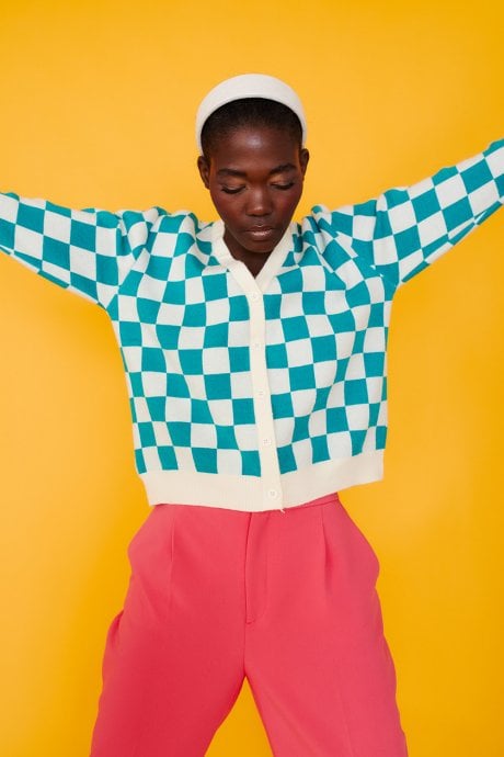 JAYLEY Check Green And White Cashmere Cardigan