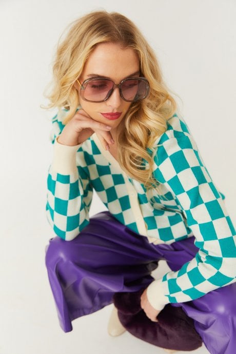 JAYLEY Check Green and White Cashmere Cardigan