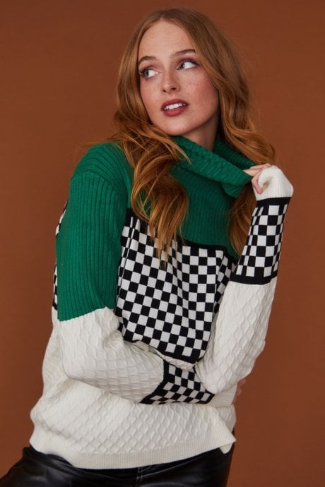 JAYLEY Check Green and White Cashmere Jumper