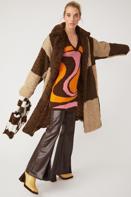 JAYLEY Checkered Brown Faux Shearling Oversized Coat