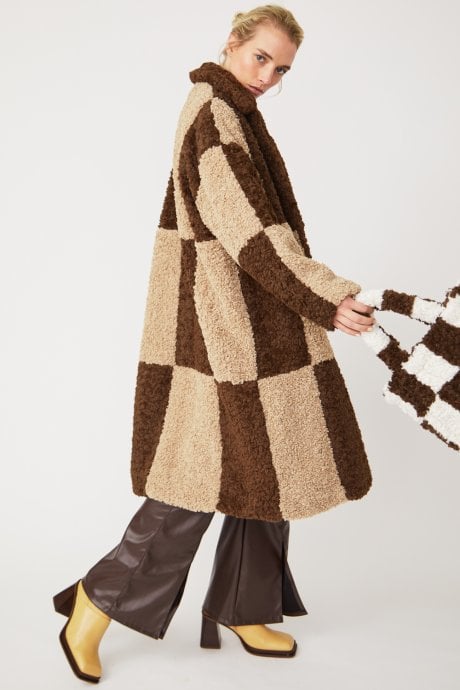 JAYLEY Checkered Brown Faux Shearling Oversized Coat