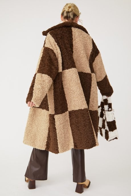 JAYLEY Checkered Brown Faux Shearling Oversized Coat