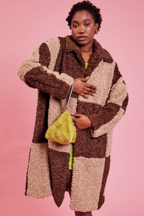 JAYLEY Checkered Chocolate And Mocha Faux Shearling Coat