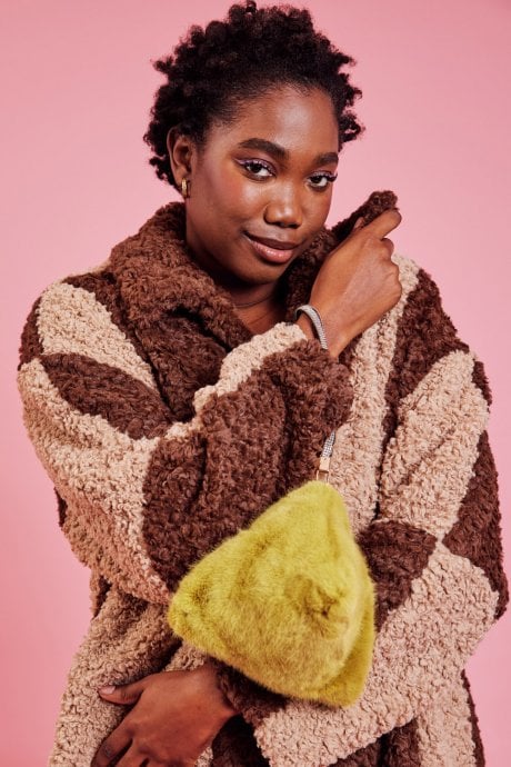 JAYLEY Checkered Chocolate And Mocha Faux Shearling Coat