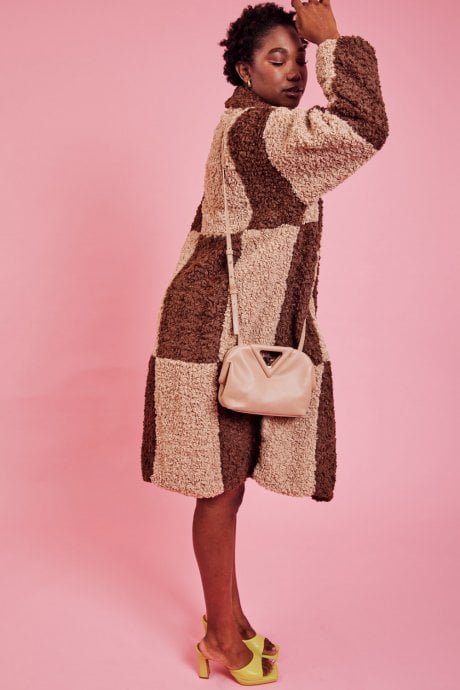 JAYLEY Checkered Chocolate And Mocha Faux Shearling Coat