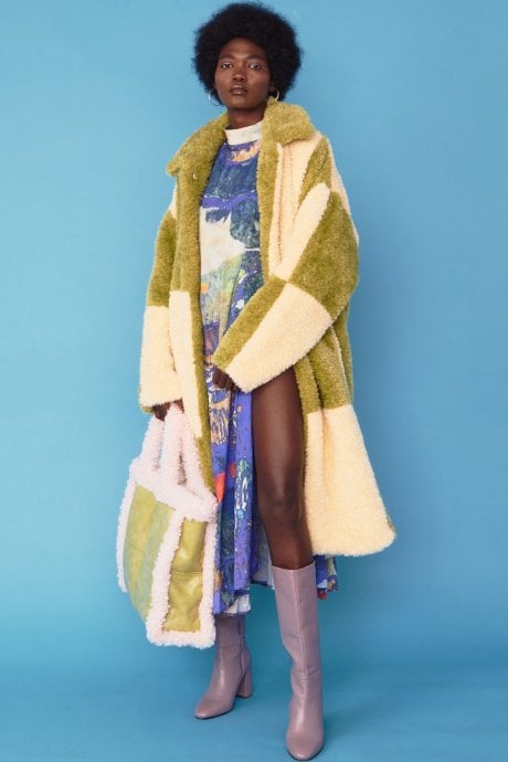 JAYLEY Checkered Cream And Green Faux Shearling Oversized Coat