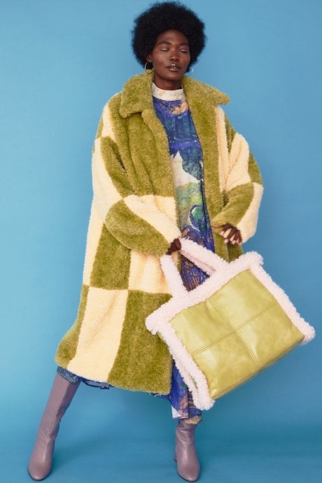 JAYLEY Checkered Cream And Green Faux Shearling Oversized Coat