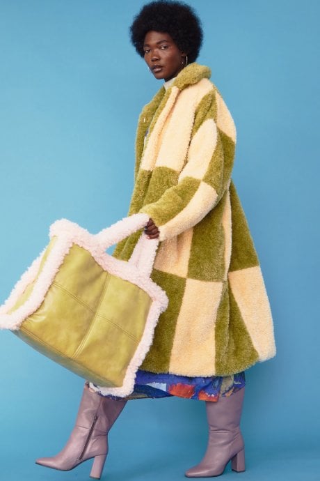 JAYLEY Checkered Cream And Green Faux Shearling Oversized Coat
