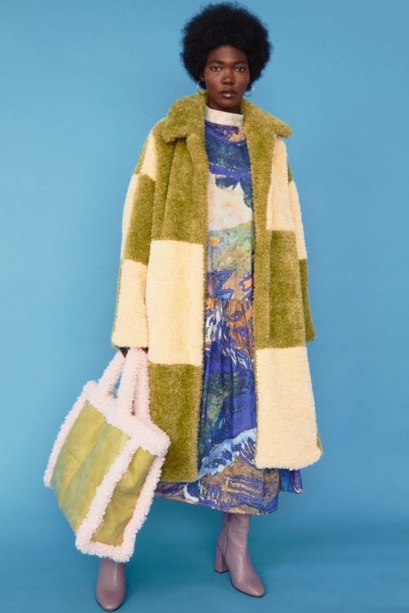 JAYLEY Checkered Cream and Green Faux Shearling Oversized Coat