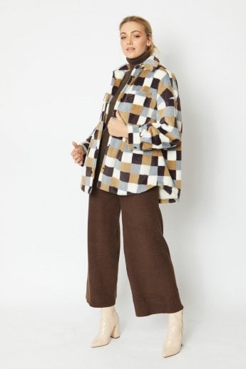 JAYLEY Checkered Faux Fur Oversize Coat