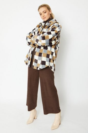JAYLEY Checkered Faux Fur Oversize Coat