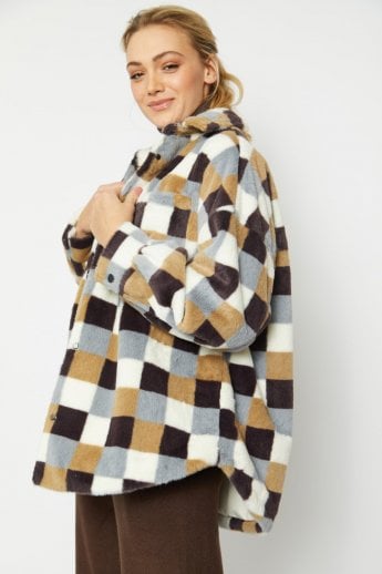 JAYLEY Checkered Faux Fur Oversize Coat
