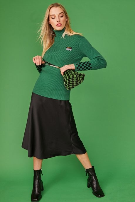 JAYLEY Checkered Green And Black Faux Fur Pyramid Bag