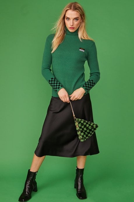 JAYLEY Checkered Green And Black Faux Fur Pyramid Bag
