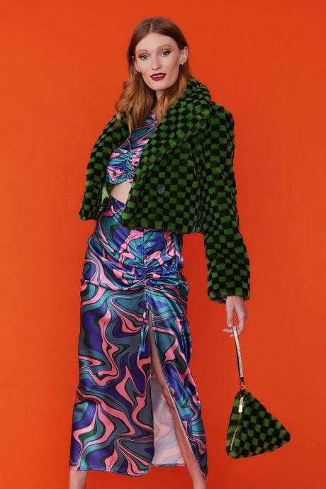 JAYLEY Checkered Green and Black Faux Fur Pyramid Bag