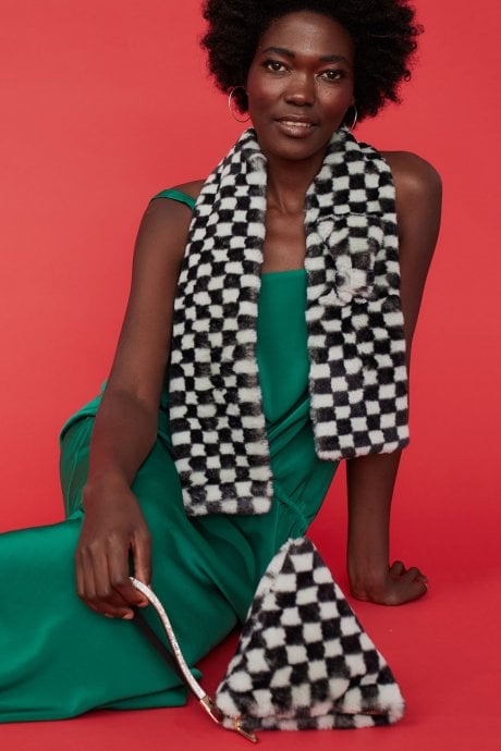 JAYLEY Checkered Mint and Black Faux Fur Pyramid Bag