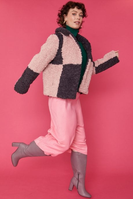 JAYLEY Checkered Pink And Purple Faux Shearling Cropped Coat