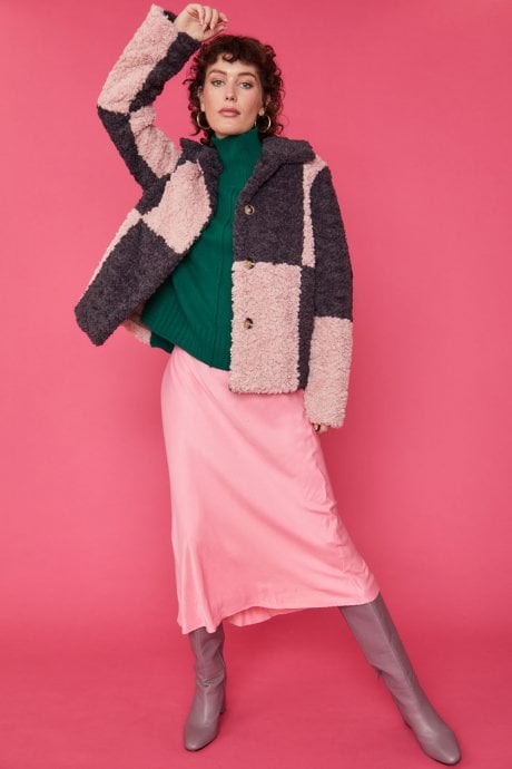 JAYLEY Checkered Pink And Purple Faux Shearling Cropped Coat