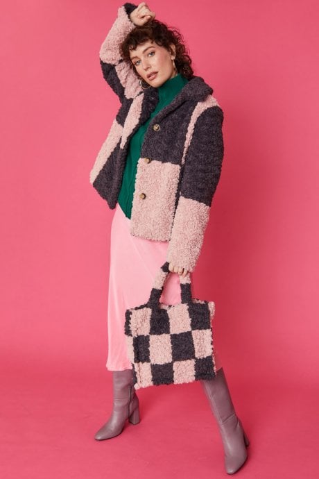 JAYLEY Checkered Pink And Purple Faux Shearling Cropped Coat