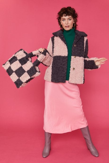 JAYLEY Checkered Pink and Purple Faux Shearling Cropped Coat