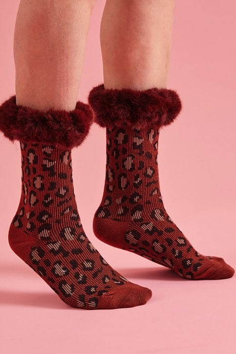 JAYLEY Chocolate Animal Print Socks with Faux Fur Cuffs