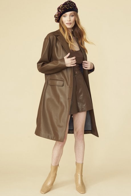 JAYLEY Chocolate Brown Eco Leather Trench Coat