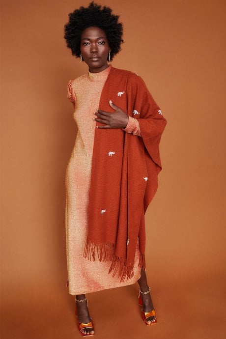 JAYLEY Chocolate Cashmere Blend Wrap With Elephant Embroidery