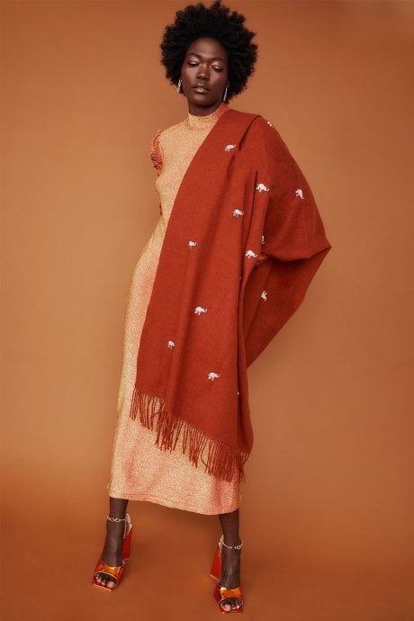 JAYLEY Chocolate Cashmere Blend Wrap With Elephant Embroidery